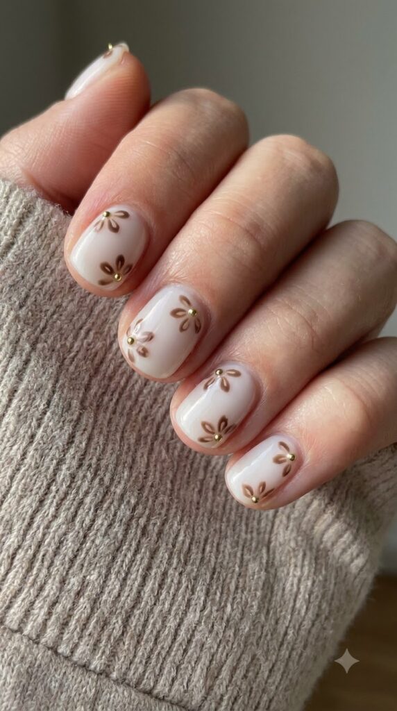 Short round white nails with hand-painted mocha brown flower petals