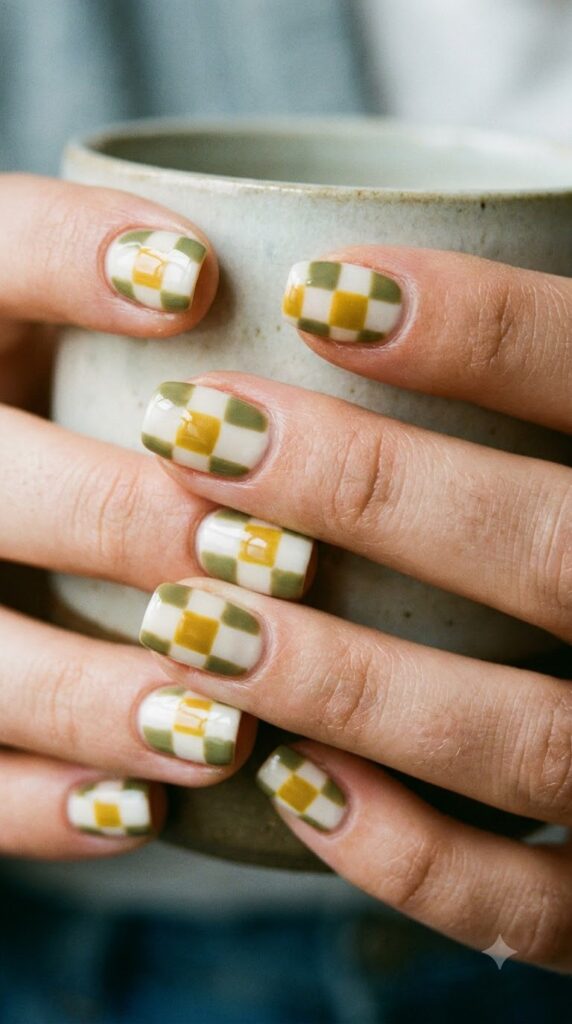 Short square off-white nails with muted olive and mustard checkerboard art
