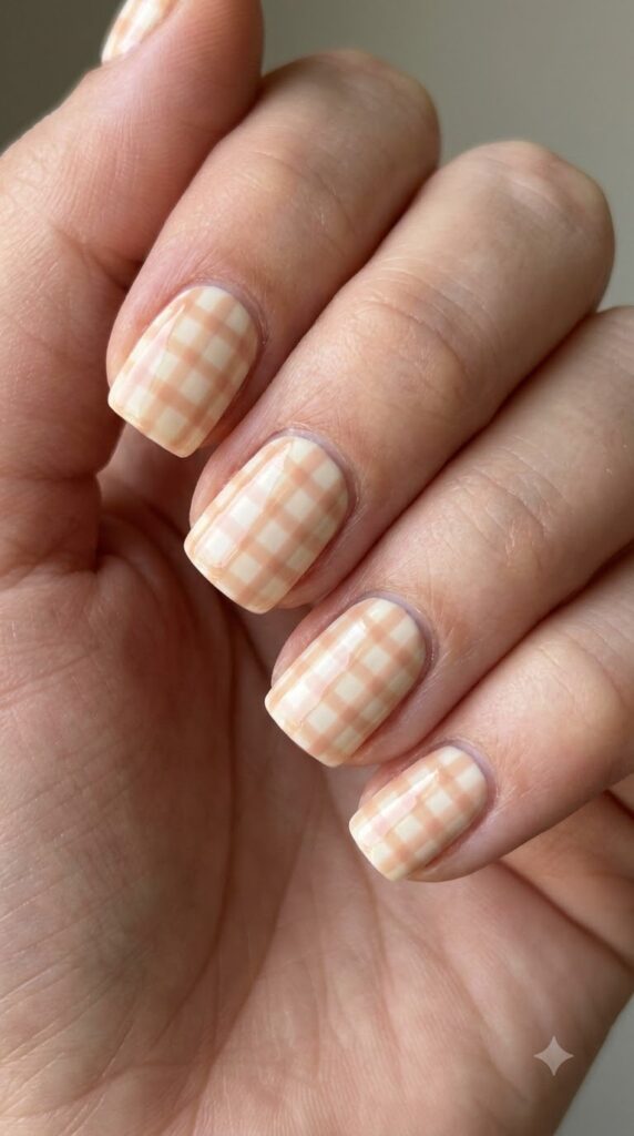 Short square peach nails decorated with a fine cream gingham grid pattern
