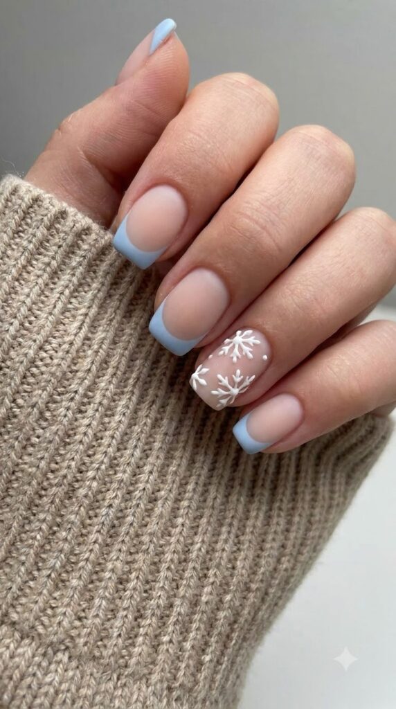 Short squoval nude nails with powder blue French tips and 3D white snowflakes