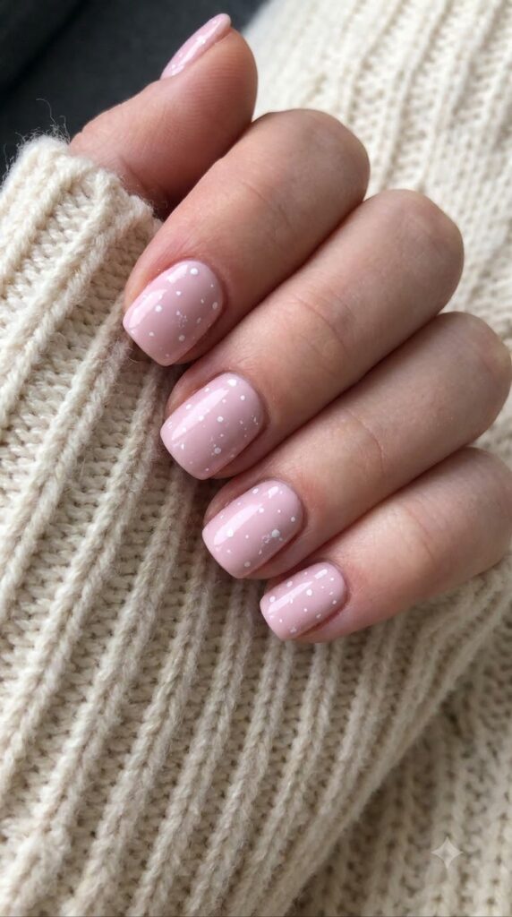 Short squoval powder pink nails decorated with tiny hand-painted white snow dots