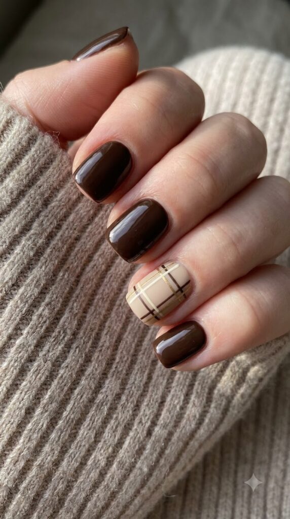 Short square dark brown nails with a beige cream brown plaid grid accent