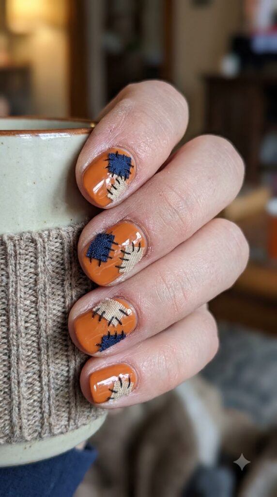 Short round pumpkin orange nails with navy blue and beige fabric patch accents