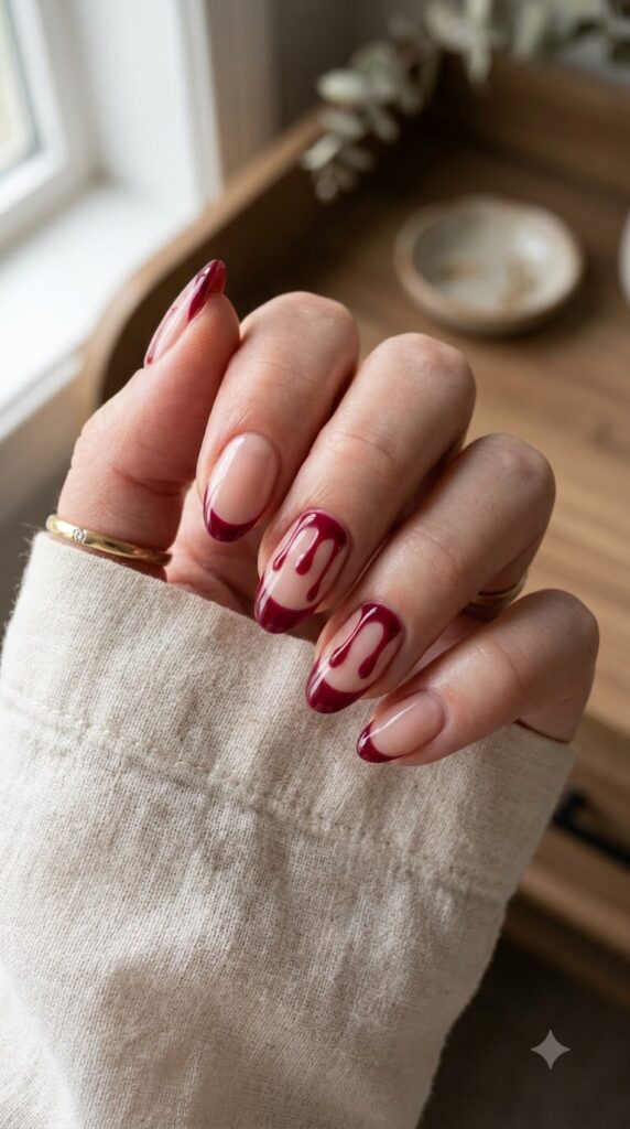 Short almond nude nails with ultra-thin glossy deep berry red drip tips