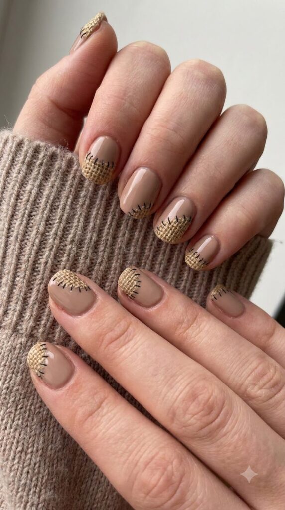 Short round taupe nude nails with burlap tan patches along the cuticles