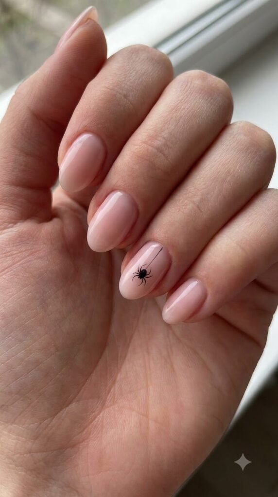 Short almond blush nude nails with a single miniature hanging black spider thread