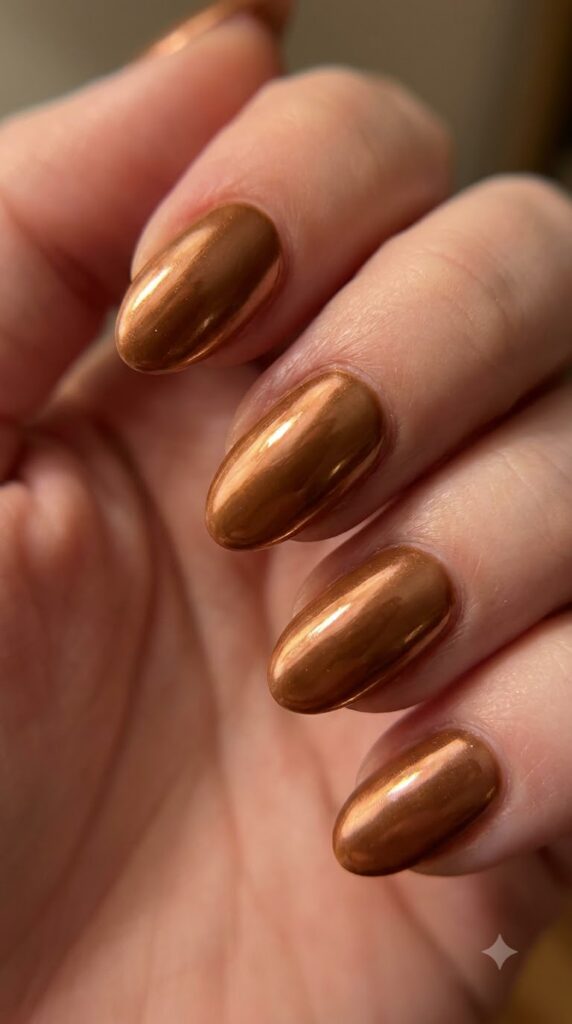 Short almond maple sugar brown nails with glazed chrome powder finish