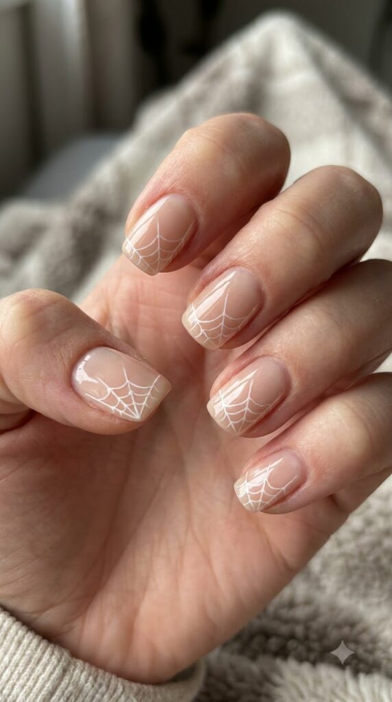 Short squoval nude nails with ultra-thin white cobweb lines across top corners