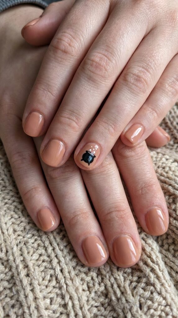 Short round peachy nude nails with a miniature black cauldron silhouette