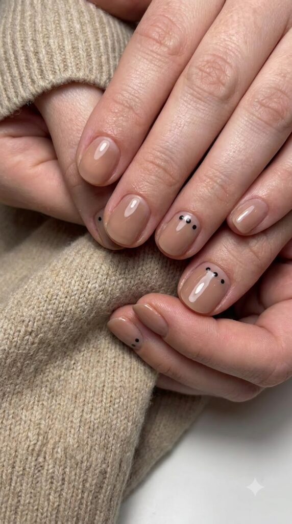 Short natural round taupe nude nails with two tiny black dots peeking from cuticle