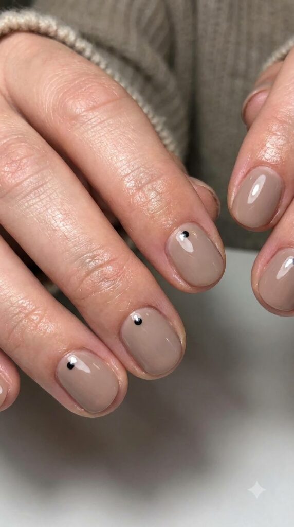 Short natural round taupe nude nails with two tiny black dots near cuticle