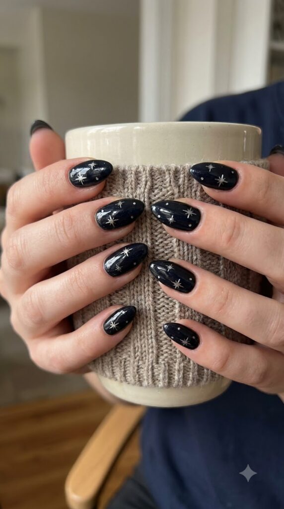 Almond black nails decorated with metallic silver starburst decals and glitter