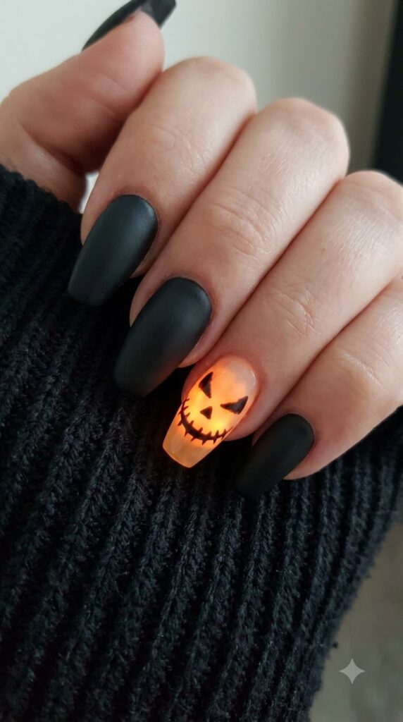 Coffin matte black nails with a glowing orange scarecrow face and stitched mouth