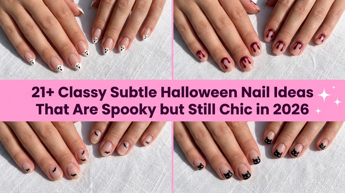 Collage of classy subtle Halloween nail ideas that are spooky but still chic in 2026