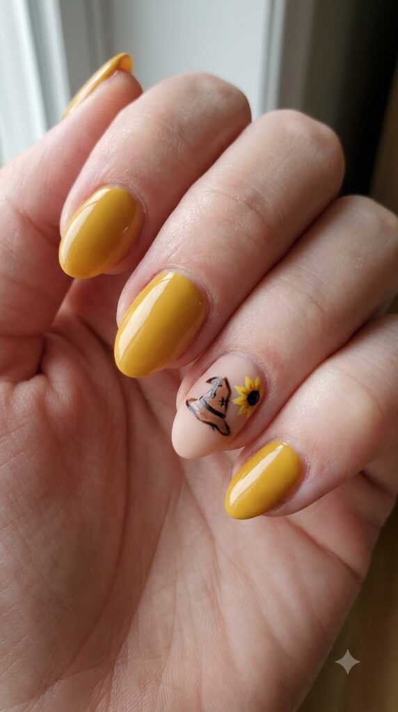 Short almond mustard yellow nails with a brown scarecrow hat and sunflower art