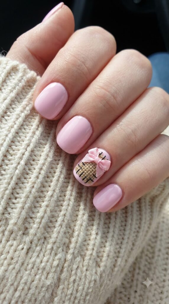 Short round pastel pink nails with tan burlap patches and a pink ribbon bow