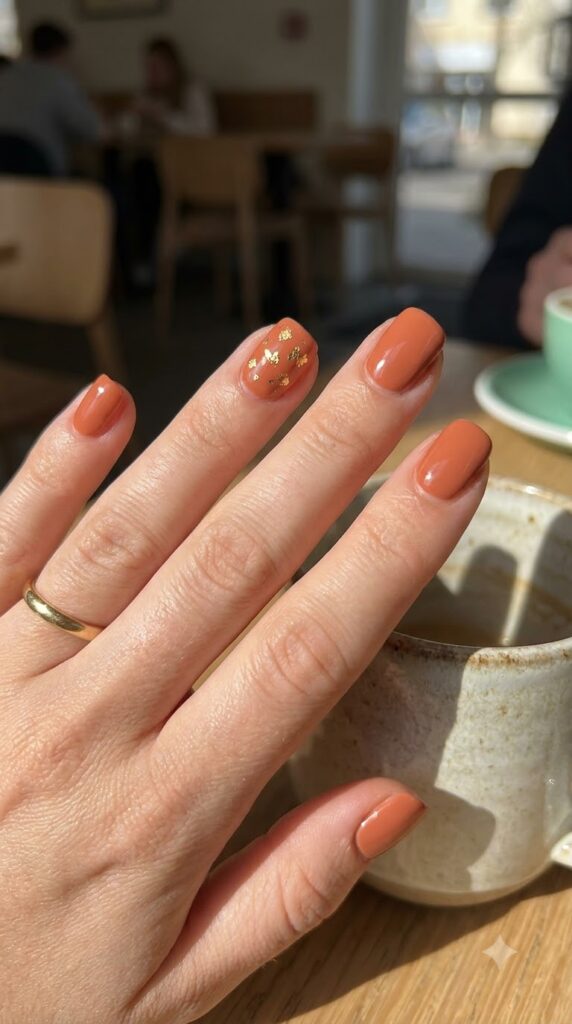 Short squoval terracotta orange nails decorated with gold leaf foil flecks