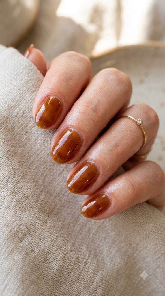 Short oval translucent amber jelly brown nails with glowing glass honey shine