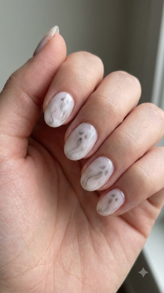 Short oval translucent white nails swirled with soft grey misty ghost smoke trails