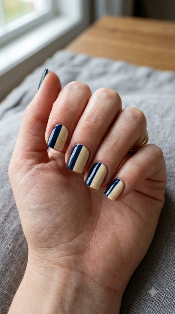 Short square nails split vertically with dark midnight navy blue and warm cream