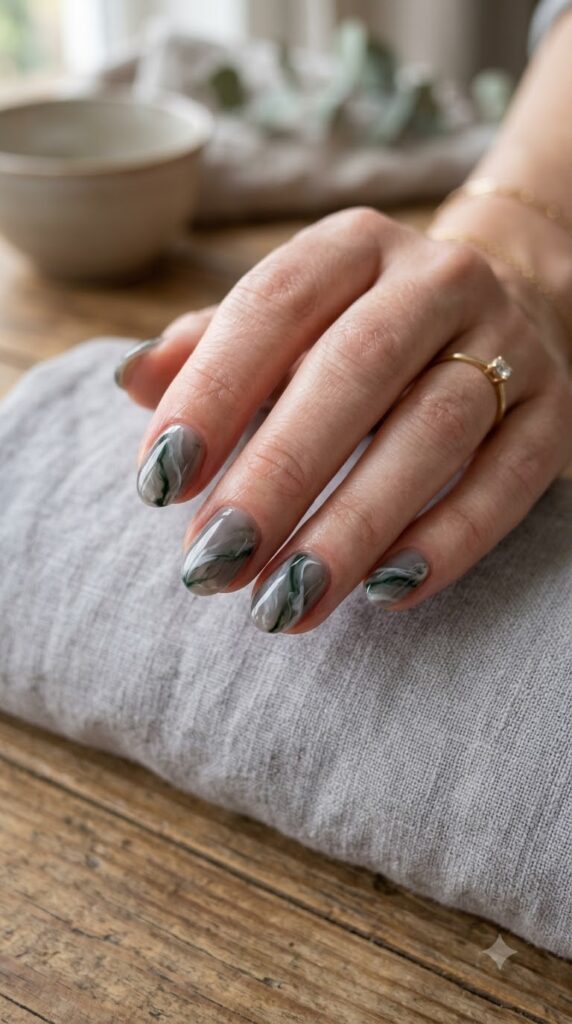 Short oval smoky grey nails swirled with soft white and dark forest green veins